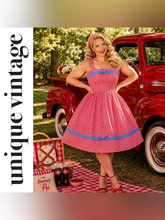 Unique Vintage Dresses & Skirts - Unique Vintage 1960s Movie Date Red & Blue Gingham Swing Dress, XL, NWT!